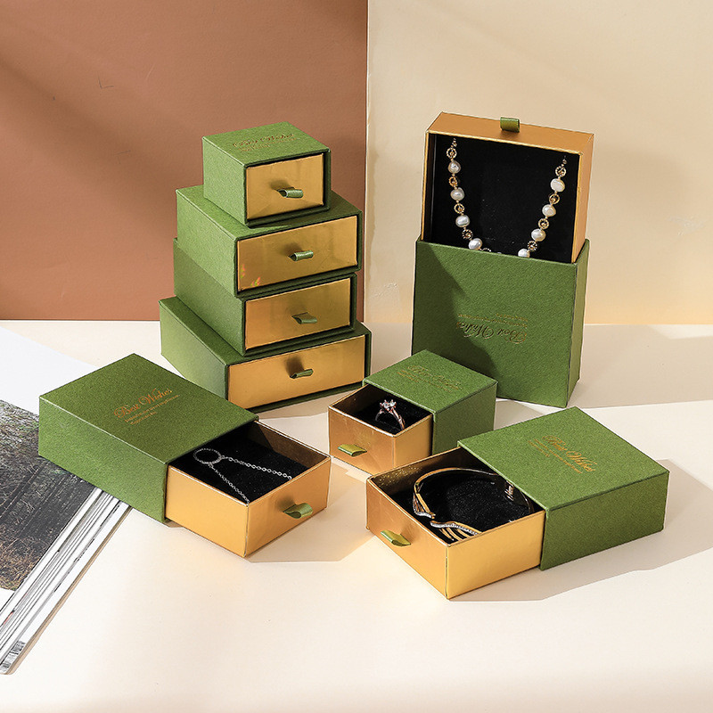 สีเขียวทองกล ่ องบรรจุภัณฑ ์ เครื ่ องประดับ High-End แหวนสร ้ อยคอดึงกล ่ องกล ่ องเก ็ บเครื ่ องประดับ