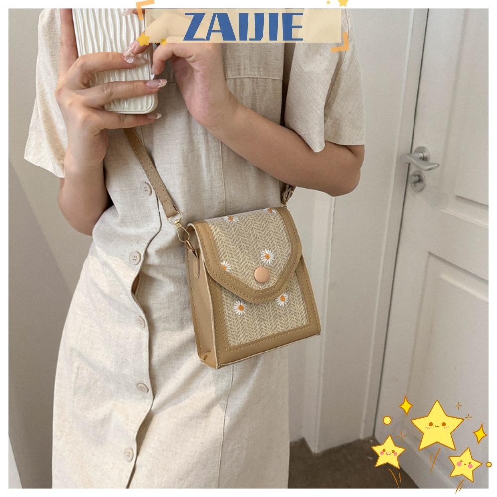 Zaijie24 เย ็ บปักถักร ้ อย Bag, Straw Dacron Straw Plaited Phone Bag, Little Daisy Phone Pouch