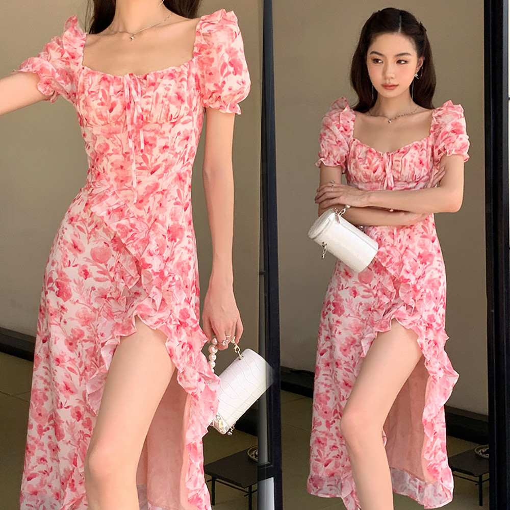 Luna shop ชุดเดรสสีชมพูลายดอกไม้ฝรั่งเศสไม่สม่ำเสมอ สไตล์หวาน
