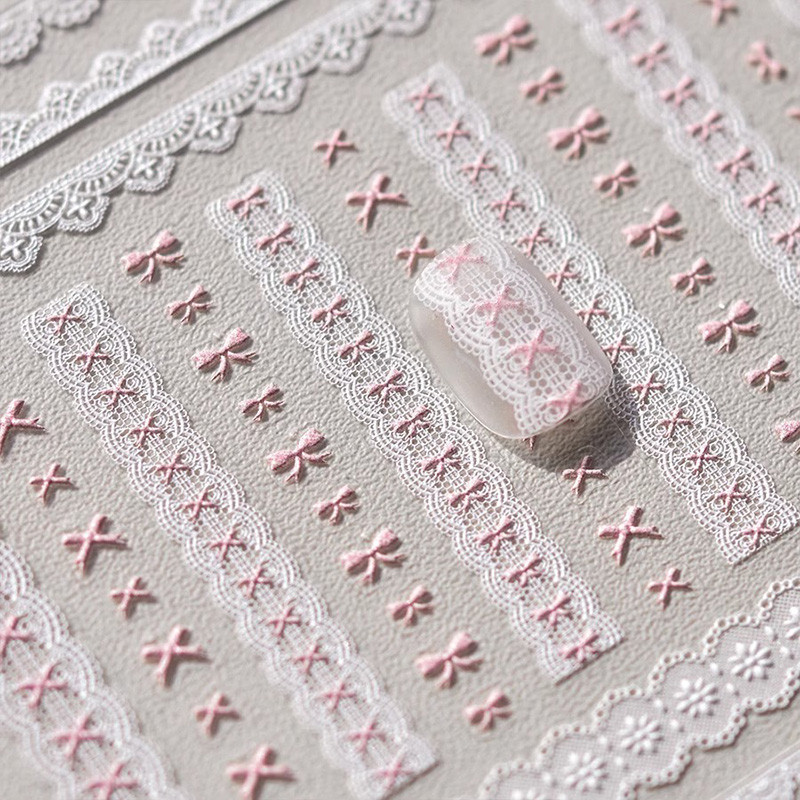 Ins นูนเล ็ บสติกเกอร ์ หวานเลียนแบบลูกไม ้ โบว ์ เล ็ บสติกเกอร ์ เครื ่ องประดับ DIY เล ็ บวัสดุ