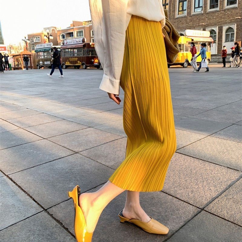 2024 สไตล ์ ใหม ่ Slimmer ดูจีบกระโปรงผู ้ หญิงฤดูร ้ อนบาง 2023 สไตล ์ ใหม ่ สีดําตรงสะโพกกระโปรงเอวสูงจีบแยกความยาวกลางกระโปรง ราคาถูก Shopee Lazada