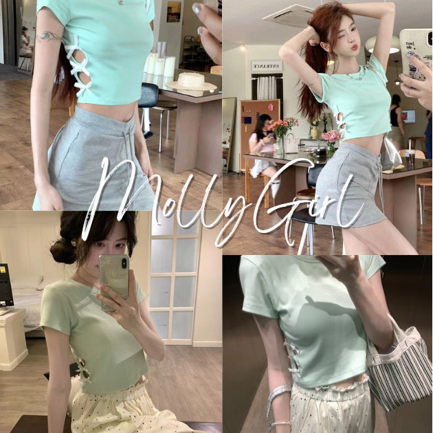 mollygirl.shopเสื้อยืดแขนสั้นหลากสีสไตล์เซ็กซี่การออกแบบกลวงด้านข้าง
