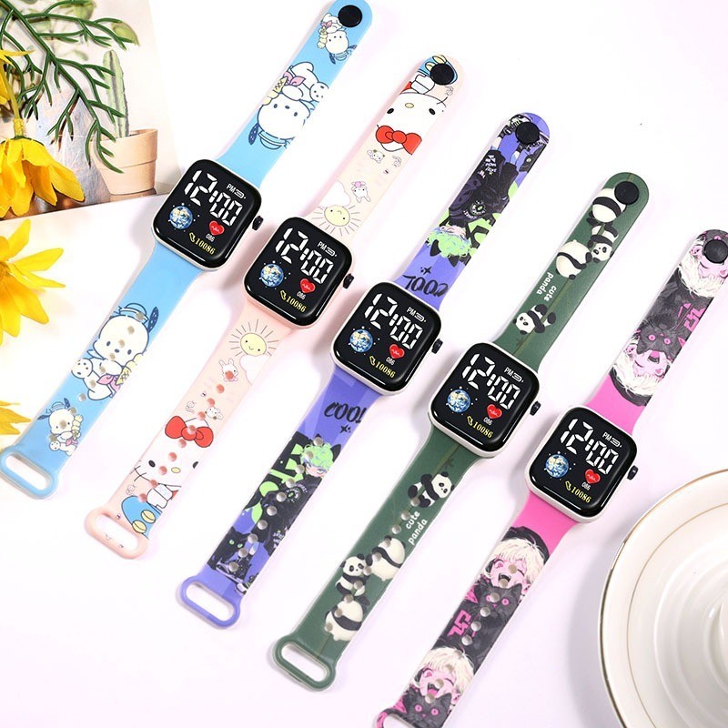 Kawaii Sanrio นาฬิกา Cinnamoroll Melody เด็ก LED Luminous นาฬิกา Kuromi Hello Kitty นักเรียนนาฬิกาข้อมือเด็กของขวัญวันเกิดของเล่น