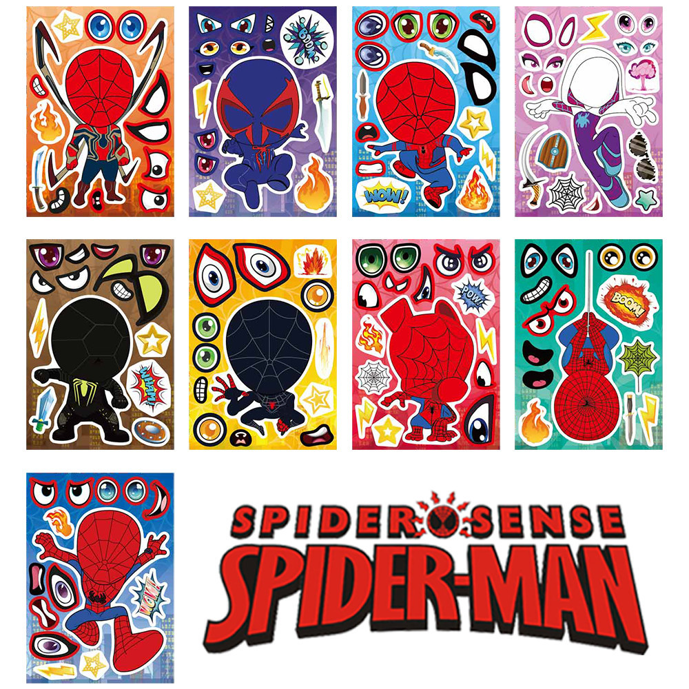 9 ชิ้นการ์ตูน Spider Man สไตล์สติกเกอร์ปริศนาสําหรับเด็กสนุก DIY Make A Face สติกเกอร์
