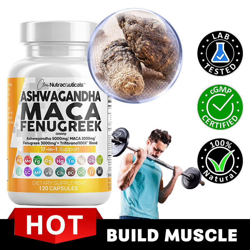 Ashwagandha 5,000 มก. + Maca Root (ดํา, แดง, เหลือง), Fenugreek, ความจําสมอง, อาหารเสริมพลังงาน