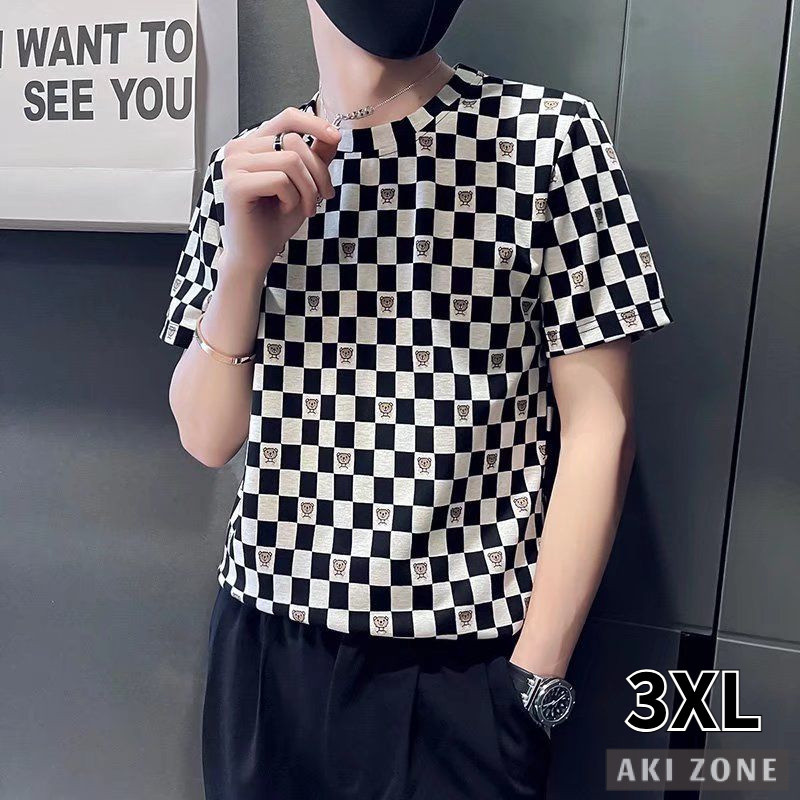 เสื้อยืดแขนสั้นผู้ชายฤดูร้อน 2024 ใหม่กระดานหมากรุกลายสก๊อตครึ่งแขน