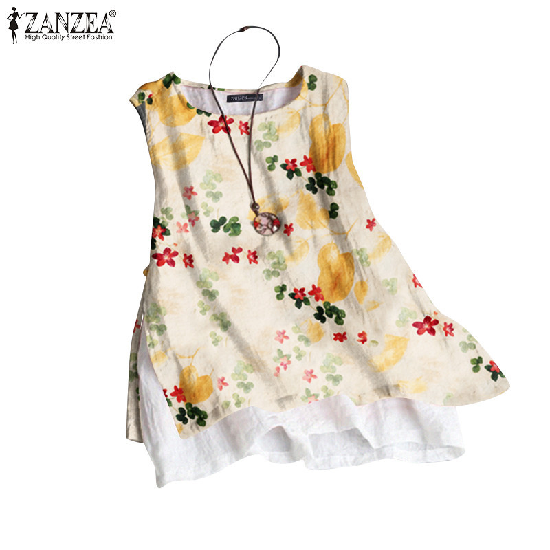 ZANZEA ใส่ ซานเซีย ผู้หญิงพฤกษศาสตร์พิมพ์ด้านข้าง กรีด สองชั้นแขนกุดปลอมสองชิ้นถัง