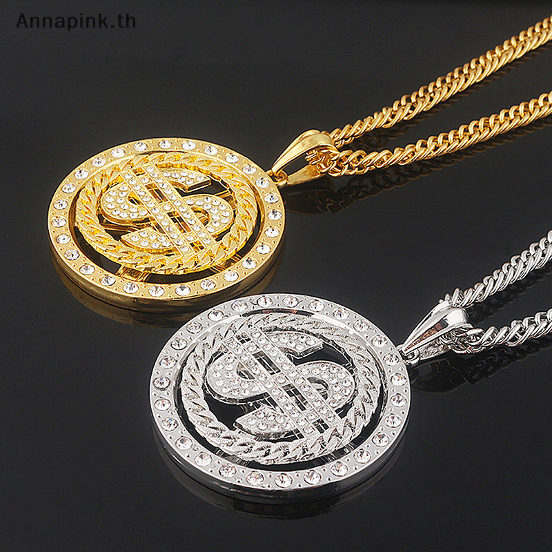 Annapink.th Big Rotatable US Dollar Money Sign จี้สร้อยคอผู้ชาย Rapper Hip Hop EN