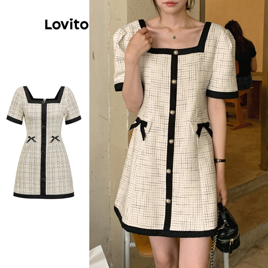Lovito ชุดเดรสผู้หญิง แต่งโบว์ ลายตาราง คัลเลอร์บล็อก สไตล์ลำลอง L85AD136