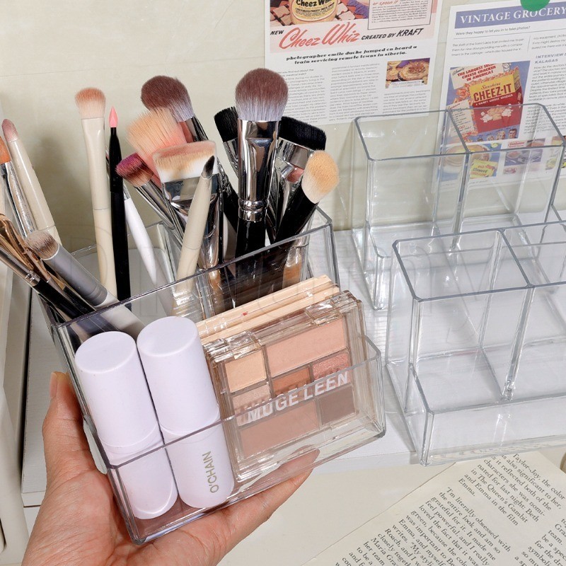 กล่องเก็บของสามช่องโปร่งใส-ที่ใส่ปากกาเครื่องเขียน-ภาชนะเครื่องสําอาง-แปรงแต่งหน้าถังเก็บ-3กริดความจุขนาดใหญ่อะคริลิ-นักเรียนชั้นวางดินสอ