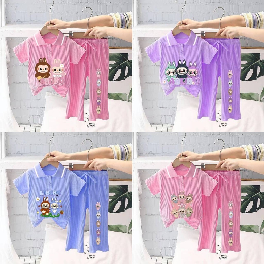 labubuชุดเซ็ทเด็กลายการ์ตูนสุดฮิต ผ้าร่อง เสื้อโปโล*กางเกงขายาว