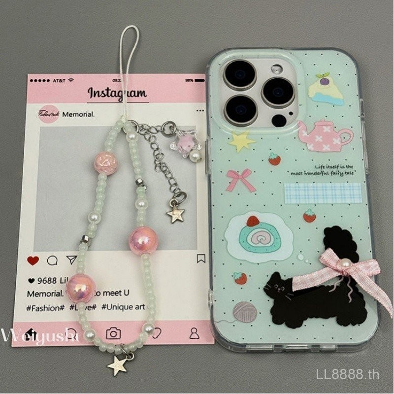 เคสโทรศัพท์ เหมาะสําหรับ iPhone ins สาวเค้กแมว 15PROMAX สไตล์ใหม่ 14/13 หญิง 12/11pro โซ่มุก xsmax/xr กันกระแทก 7/8 PLUS รูขนาดใหญ่รวมทุกอย่างป้องกันกรณี GANE