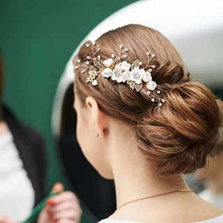Handmade ดอกไม้ Hairpin Headdress ด้านข้างหวีผู้หญิง Golden Leaf รูปงานแต่งงาน Headpiece