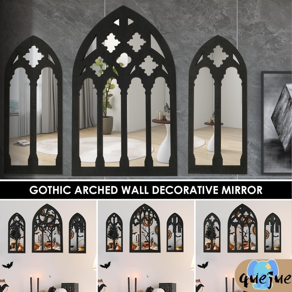 3 ชิ้น Arched หน้าต่างกระจกผนังชุด Gothic Wall Mirror Decor Cathedral Arched กระจก Decor Self-Adhesive 18.4x30 ซม.9.2x21.8 ซม. SHOPQJC6998