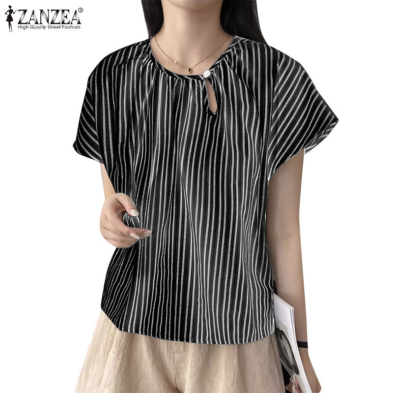 Zanzea เสื้อเบลาส์คอกลมแขนสั้นพิมพ์ลายทางเกาหลีสําหรับผู้หญิง