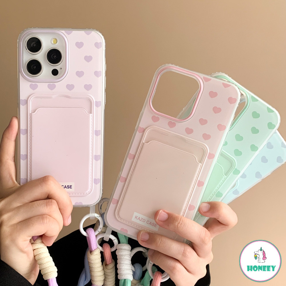 Girly Macaron สีช่องเสียบการ์ดกระเป๋าเคสโทรศัพท์พร้อมเชือกสายรัดข้อมือสําหรับ Iphone 11 15 14 Pro Max 12 13 Plus XR XS 7Plus 8Plus Love Heart กันกระแทกโทรศัพท์ฝาหลัง
