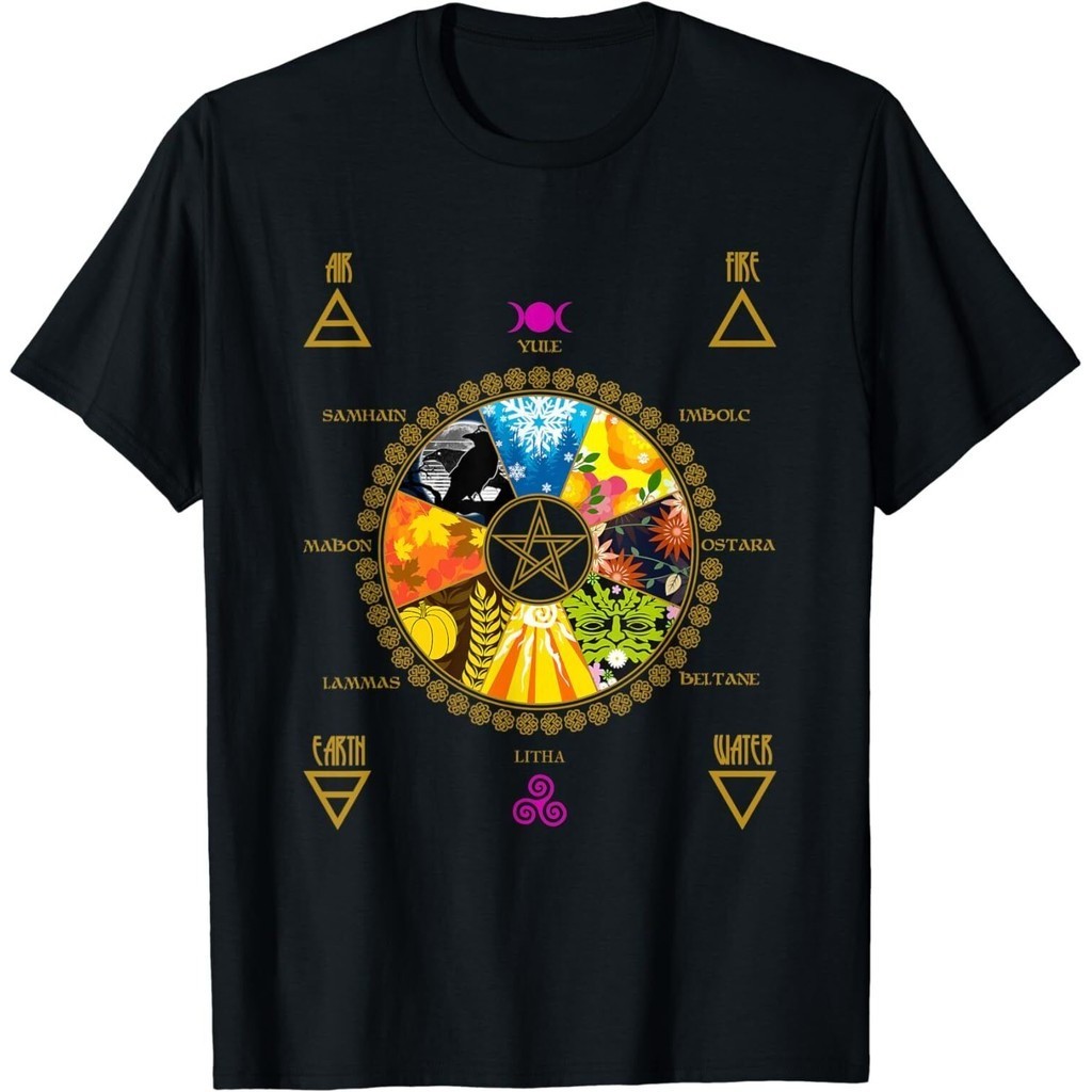 ใหม่ Wiccan Witch Calendar Pentacle Elements Pagan Oculting Tee Shirt