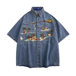 เสื้อเชิ้ตแขนสั้นวัยรุ่นผ้ายีนส์ เสื้อครึ่งแขนทรงหลวมและอเนกประสงค์อินเทรนด์