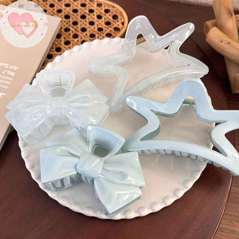 Siyuyan ครีมหวาน Blue Bow Five-Pointed Star กิ๊บติดผมเรขาคณิตผม Claw สําหรับผู้หญิง Elegant Bowknot Crab Barrettes อุปกรณ์เสริมผม TH
