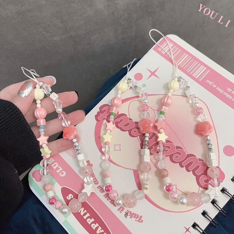 หุยเทียนจู สีเหลืองสีชมพูดาวโซ่โทรศัพท์มือถือเดิมข้อมือเชือกเส้นเล็กกล้องจี้ระดับไฮเอนด์เชือกเส้นเล็กลูกปัดสตริงโซ่จี้ผู