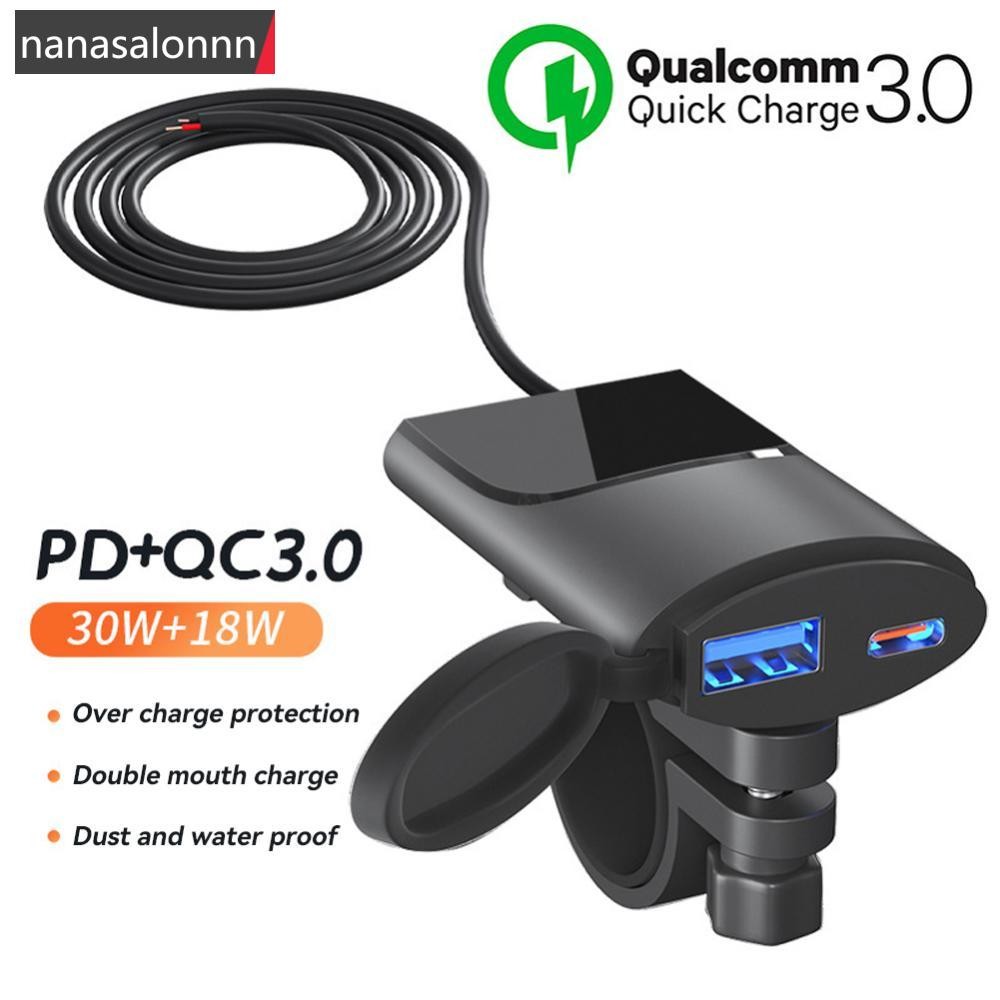Nanasn| รถจักรยานยนต์ Dual USB Charger Handlebar 30 W + 18 W PD + QC3.0 Fast ชาร์จกันน้ํา 12 V ซ็อกเ