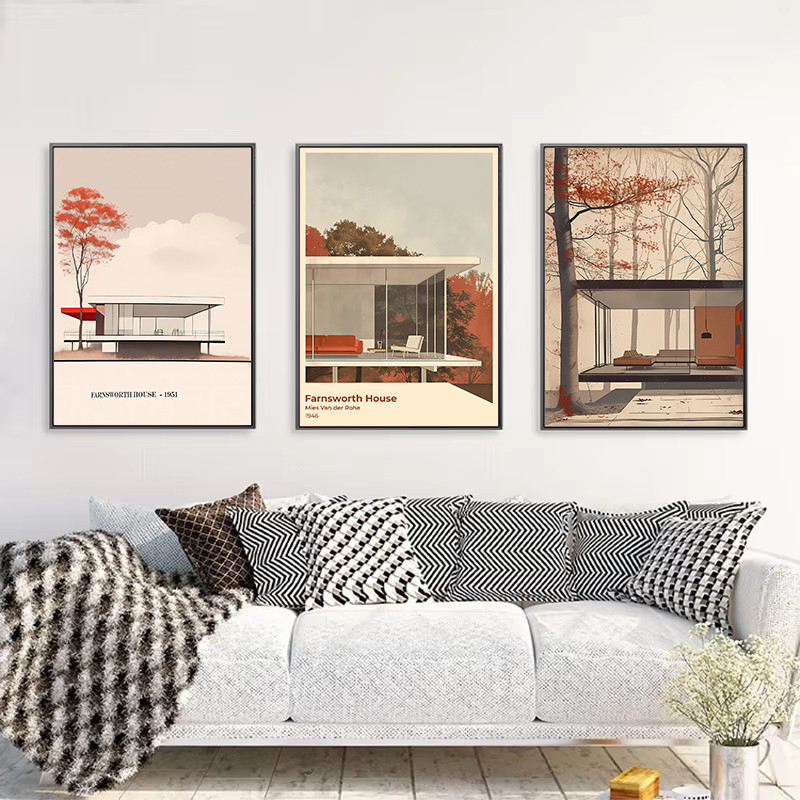 Farnsworth House Mies Van der Rohe 1951 สถาปัตยกรรมคลาสสิกนิทรรศการงานศิลปะโปสเตอร์ผ้าใบภาพวาดภาพผนั