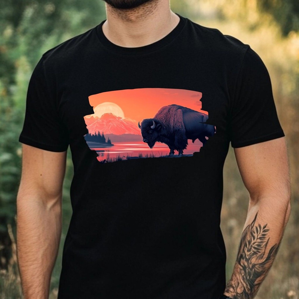 เสื้อยืดผ้าฝ้าย Mens Bison Motif ไซส์ Xs ถึง 3Xl-Fw6Er8T