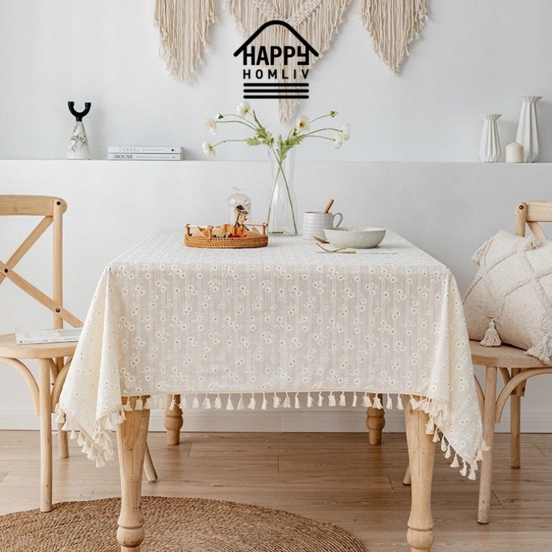 Happy HOMLIV Daisy ผ้าปูโต๊ะผ้าฝ้ายผ้าลินินกันน้ํา Oilproof French Pastoral ผ้าปูโต๊ะดอกไม้เฟอร์นิเจอร์ผ้าป้องกันฝุ่น