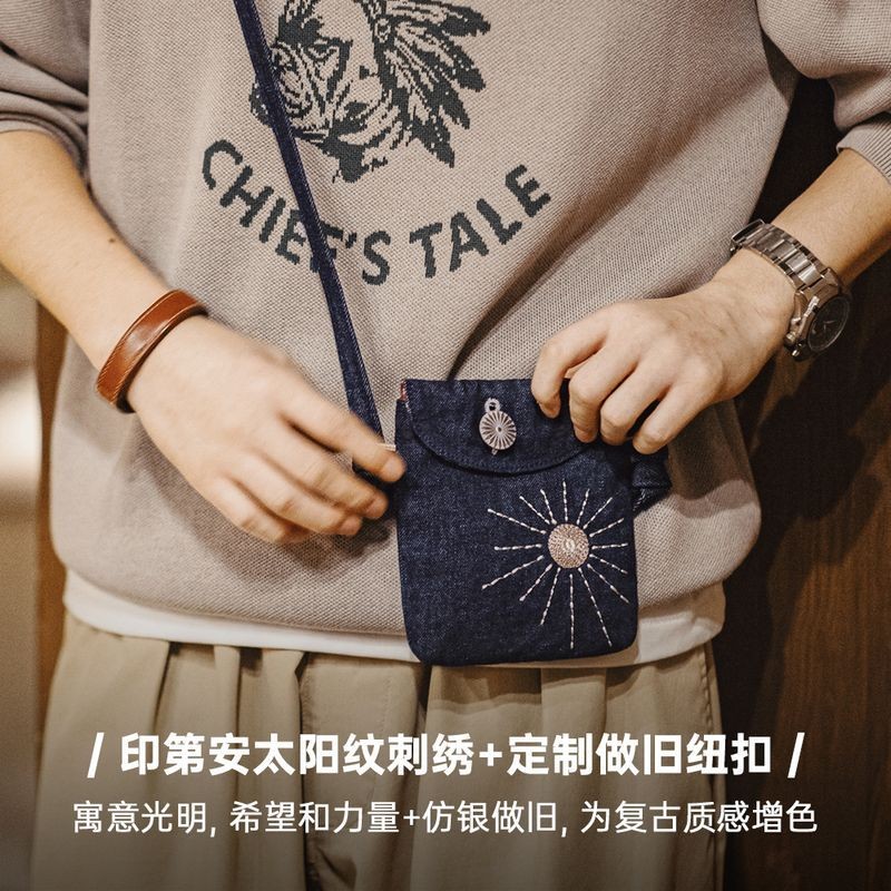 Tooling American Retro ปัก Denim Messenger กระเป๋าอินเดียสไตล์ชาติพันธุ์ Denim กระเป๋าโทรศัพท์มือถือผู้ชายผู้หญิง