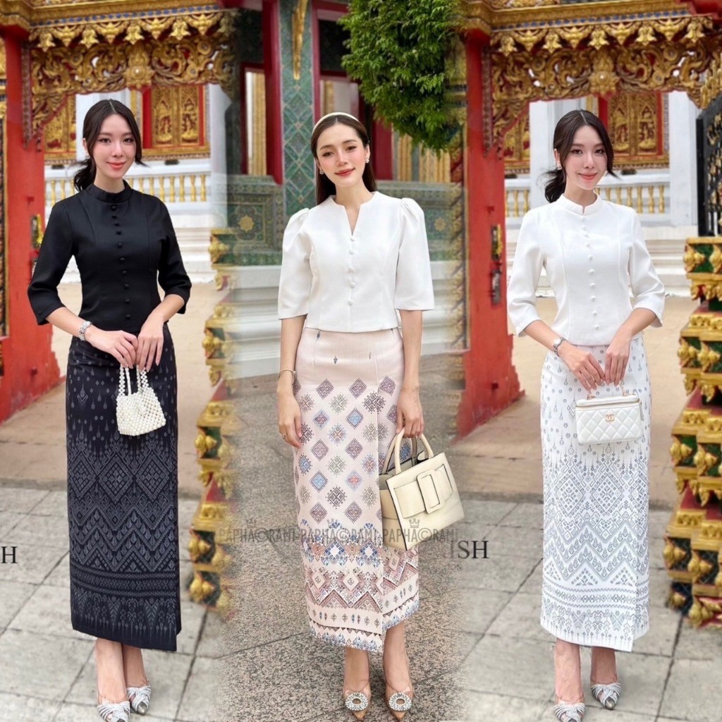 Nutcha. (พร้อมส่ง) Davika1 Cherish เสื้อ+กระโปรง เสื้อสีขาวดีไซน์คอเก๋ แต่งกระดุมหน้า มีฟองน้ำ ซับใน