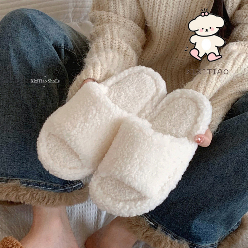 Xixitiao รองเท ้ าแตะผู ้ หญิง Retro แฟชั ่ นขนแกะแขน Warm Lamb Wool Soft Sole สบาย
