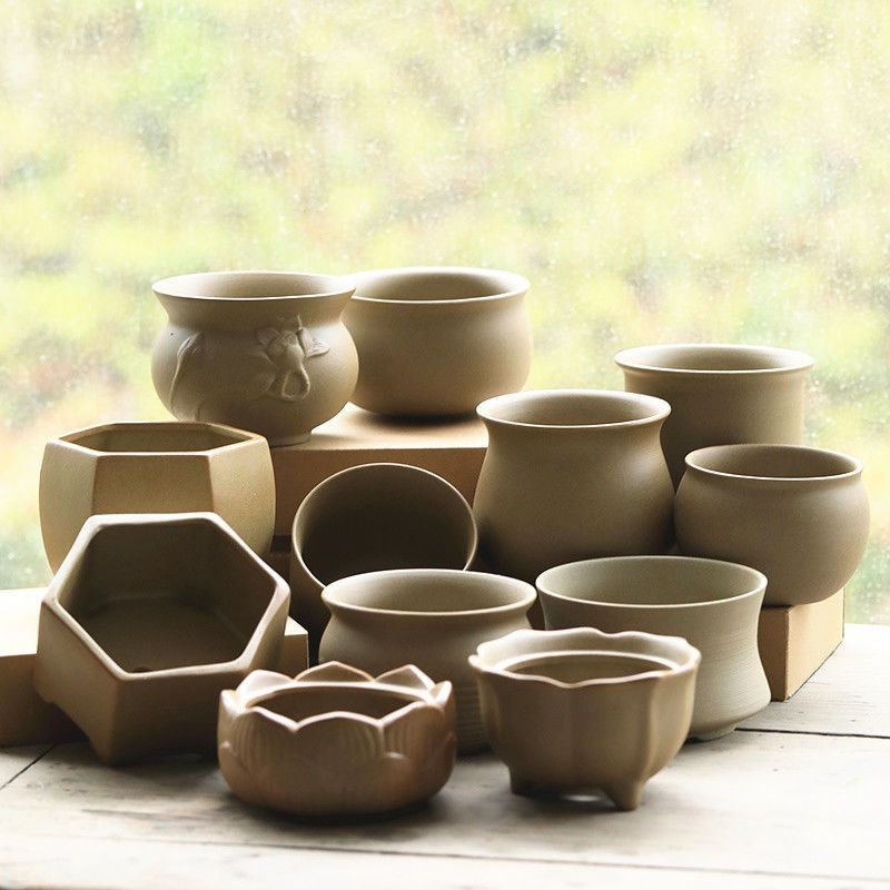 สโตนแวร์ Breathable Glaze-Free Succulents เซรามิคกระถางดอกไม้กระถางต้นไม้สีเขียว Succulents สดเรียบง่ายดินดิบ Fire