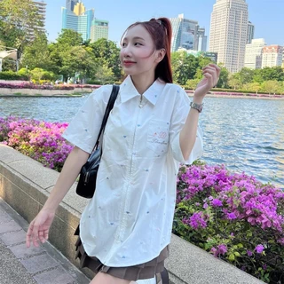 Aurora🛒พร้อมส่ง🚚 (รูปถ่ายจากงานจริง) เชิ้ตแขนยาวซิป เสื้อเชิ้ตแขนยาวOversize Florida Oversize Shirt เชิ้ตแขนสั้นซิป
