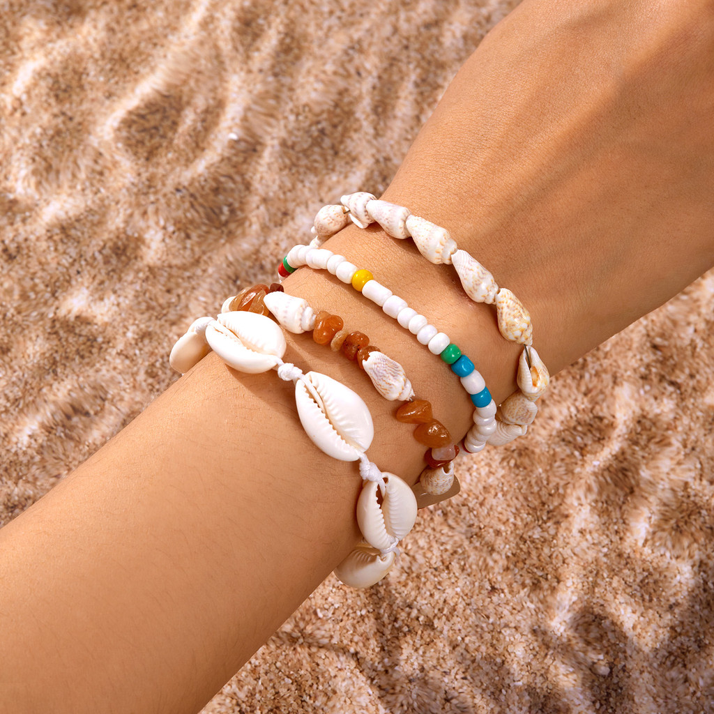 4 ชิ้น Oceanic สร้อยข้อมือลูกปัดชุด-4 ชิ้นผสมเชลล์สังข์หินลูกปัดเครื่องประดับ | Boho Beach Accessories & Summer Gift for Women