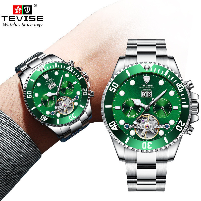Tevise T823F Swiss Green Water Ghost Calendar Mechanical High-End Simple กันน้ํานาฬิกาผู้ชายพร้อมสต็อก