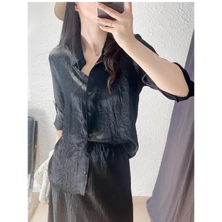 Textured Satin Blouse เสื้อเชิ้ตแขนยาวผู้หญิง Glossy Finish ขนาดใหญ่ Fit หลายสี Casual Top