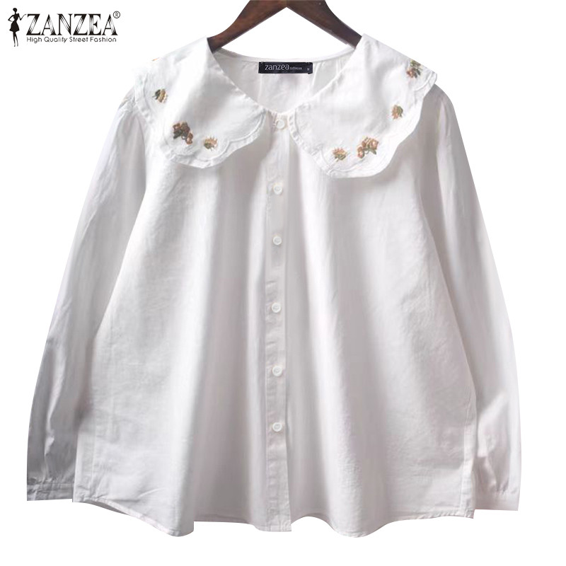 ZANZEA ใส่ ซานเซีย ผู้หญิงเกาหลีวินเทจลําลองตุ๊กตาปกดอกไม้พิมพ์เสื้อแขนยาว