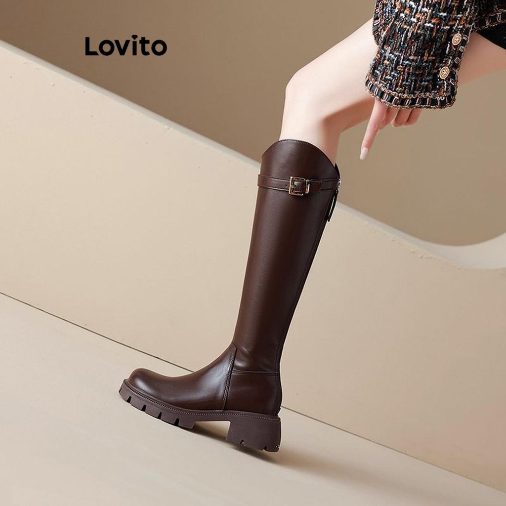 Lovito ลําลองธรรมดาสไตล์อังกฤษอเนกประสงค์หนาทําให้เท้าของคุณslimmerยาวหลอดแฟชั่นbootสําหรับผู้หญิง LFA62301