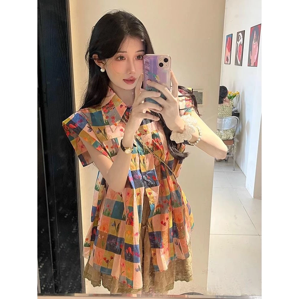 Chili Koko เสื้อเชิ้ตทรงหลวมแขนสั้นลายดอกไม้สไตล์ฝรั่งเศส w579 thumbnail 3
