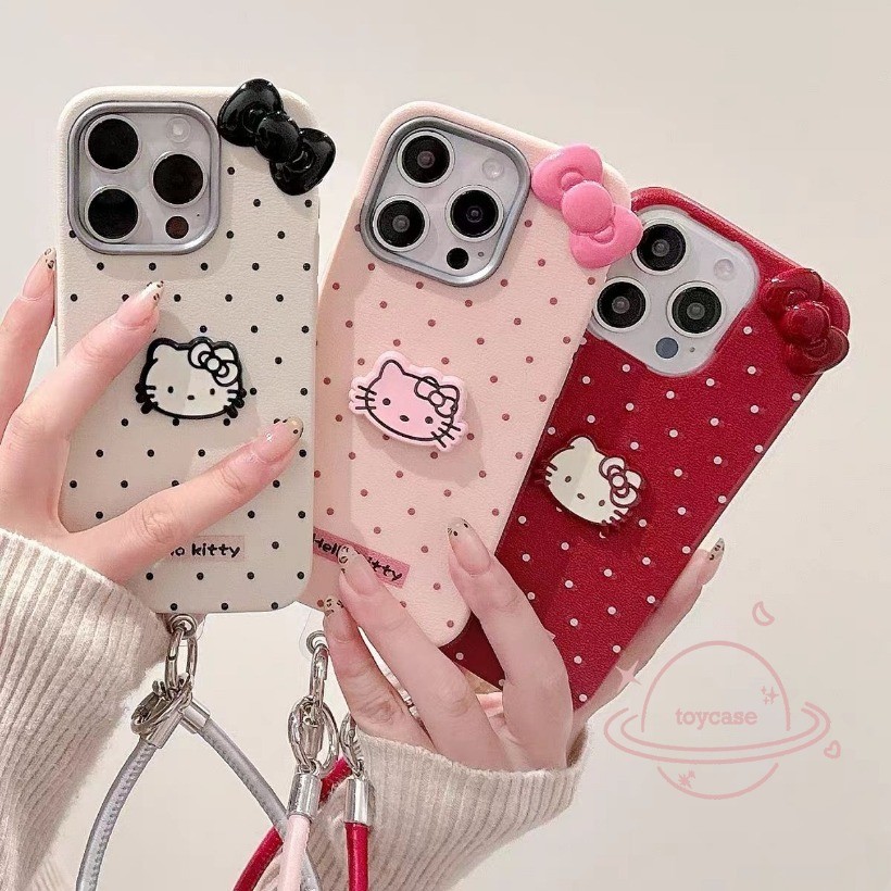 Iphone 16 15 14 13 12 11 Pro Max X Xr Xs Max เคสโทรศัพท์ Simple Polka Dots 3D โบว์การ์ตูน KT แมวฝาครอบโทรศัพท์นุ่ม