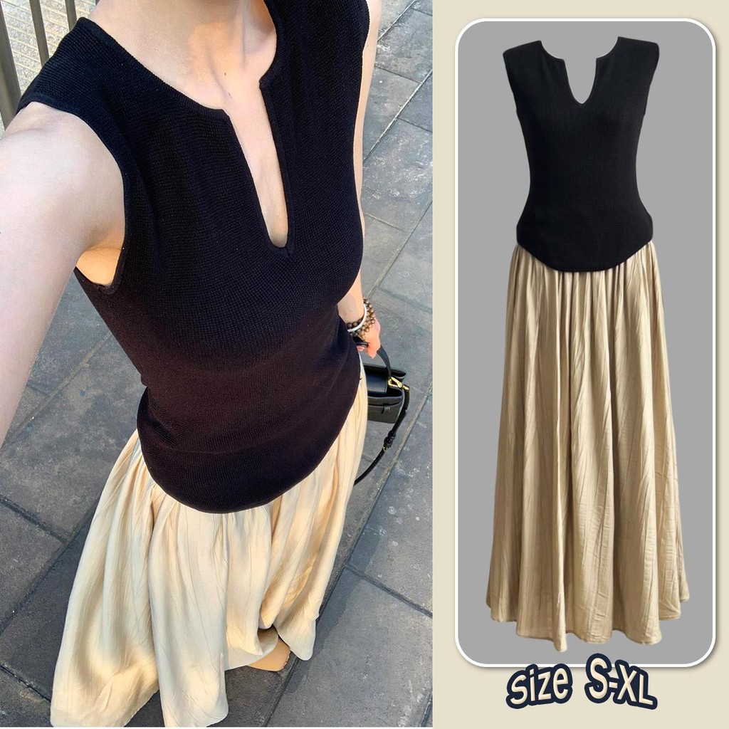 Chili Koko เสื้อกล้ามคอวีทรงเข้ารูปเสื้อถักนิตติ้ง กระโปรงยาวเอวสูงจีบช่วงฤดูร้อนสำหรับผู้หญิง ชุดกระโปรงพลิ้วไหว#99038