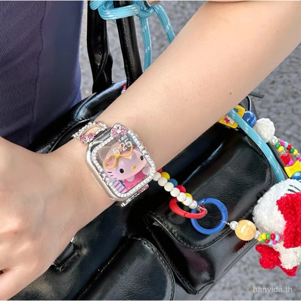 สายนาฬิกาเพชร Kitty น่ารักสำหรับ iWatch Series 9 8 7 6 5 4 3 2 1, se, SE2, Ultra, ultra 2 สายนาฬิกาทันสมัย 38mm 42mm 49mm 41mm 45mm 40mm 44mm สายนาฬิกาแบบห่วง