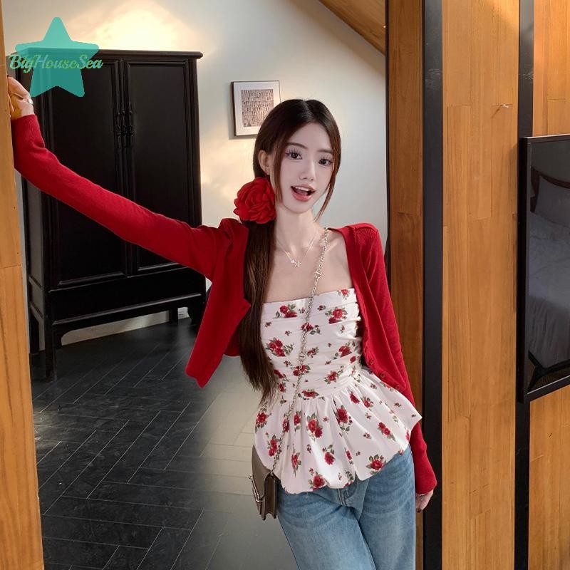 [BigHouseSea] ฤดูร้อนใหม่วันหยุดแฟชั่น Retro ผู้หญิงดอกไม้เสื้อกั๊กสีแดงสั้นเสื้อสเวตเตอร์ถัก Slash คอ Camis Chic Strapless Tank ใหม่