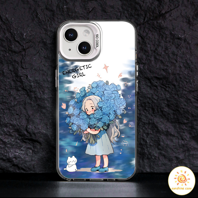 เคสมือถือกรอบโลหะลายการ์ตูนสาวล้อมรอบด้วยดอกไม้สีฟ้า ไอโฟน 11 For iPhone12 13 14 15Pro MAX X XS XR 6 7 8Plus เคสโทรศัพท์