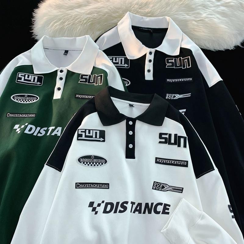 KOKO 2616/2433 เสื้อยืดโปโลแขนยาว คอปก สเวตเตอร์ย้อนยุคอเมริกันสำหรับผู้ชาย ทรงหลวมสไตล์เกาหลี