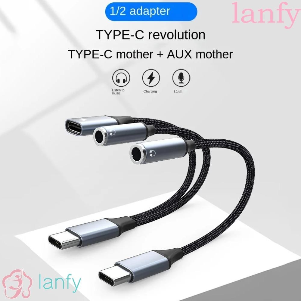 Lanfy สายเคเบิลอะแดปเตอร์ Type C เป็น Dual Type C แจ็ค OTG 3.5 มม. 2-in-1 USB C เป็น Aux ชาร์จเร็ว 2 in 1 สําหรับโทรศัพท์ หูฟัง