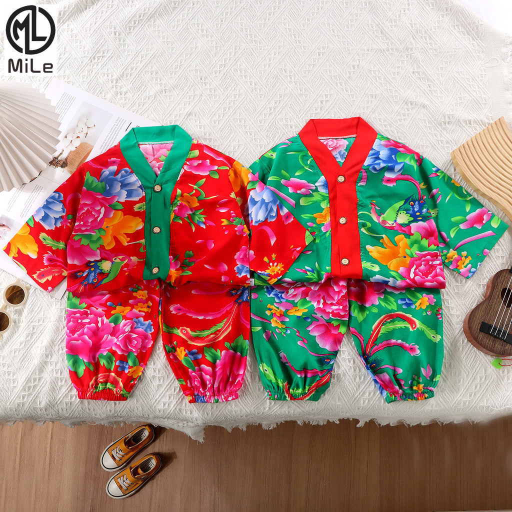 [ML] 80-150 ซม. ชุดนอนผ้าฝ้าย ผ้าไหม ฤดูร้อน บาง เสื้อคาร์ดิแกน เลาจ์แวร์ ผู้ชาย ผู้หญิง เด็ก อิทธิพล ตะวันออกเฉียงเหนือ ดอกไม้ใหญ่ ชุดเครื่องปรับอากาศ สองชิ้น