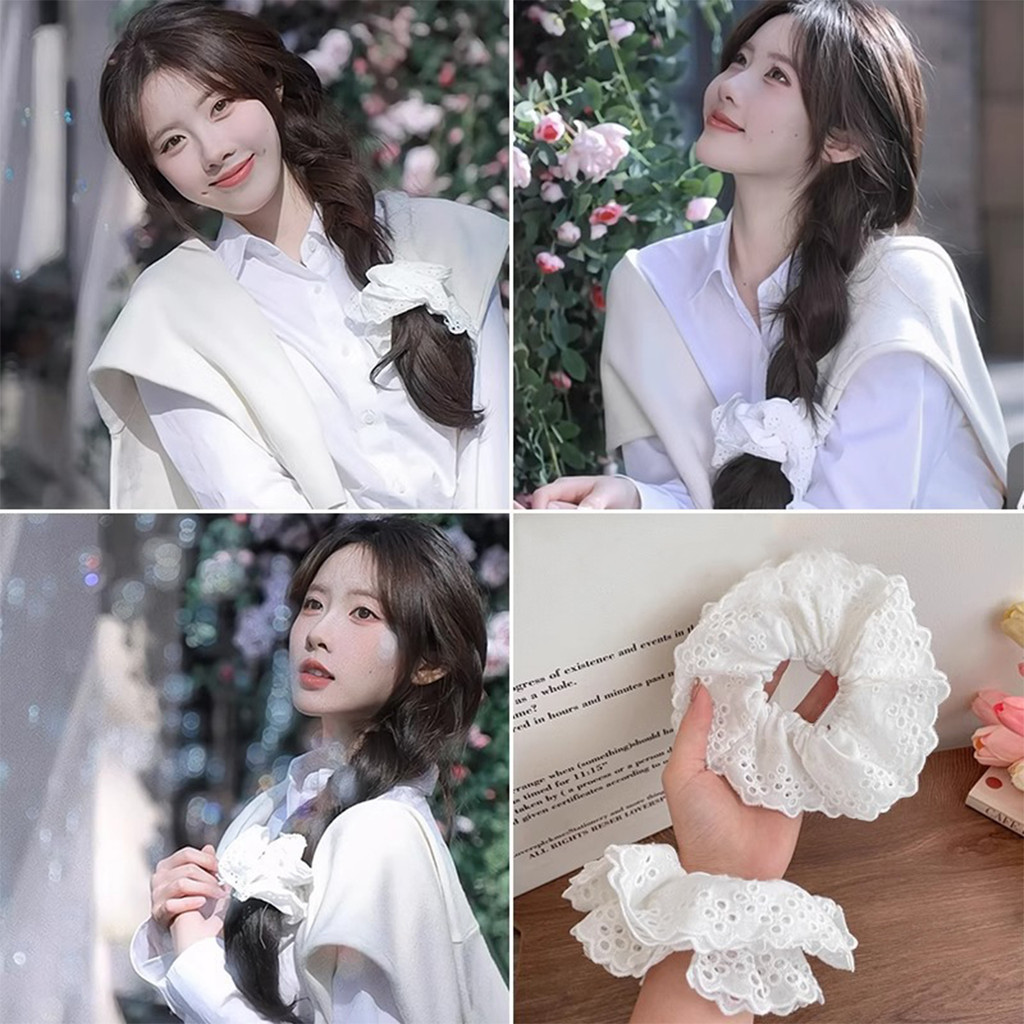 ยางรัดผม ผ้าฝ้าย แต่งลูกไม้ ขนาดใหญ่ สไตล์เกาหลี และฝรั่งเศส และฝรั่งเศส มีสีดํา สีขาว