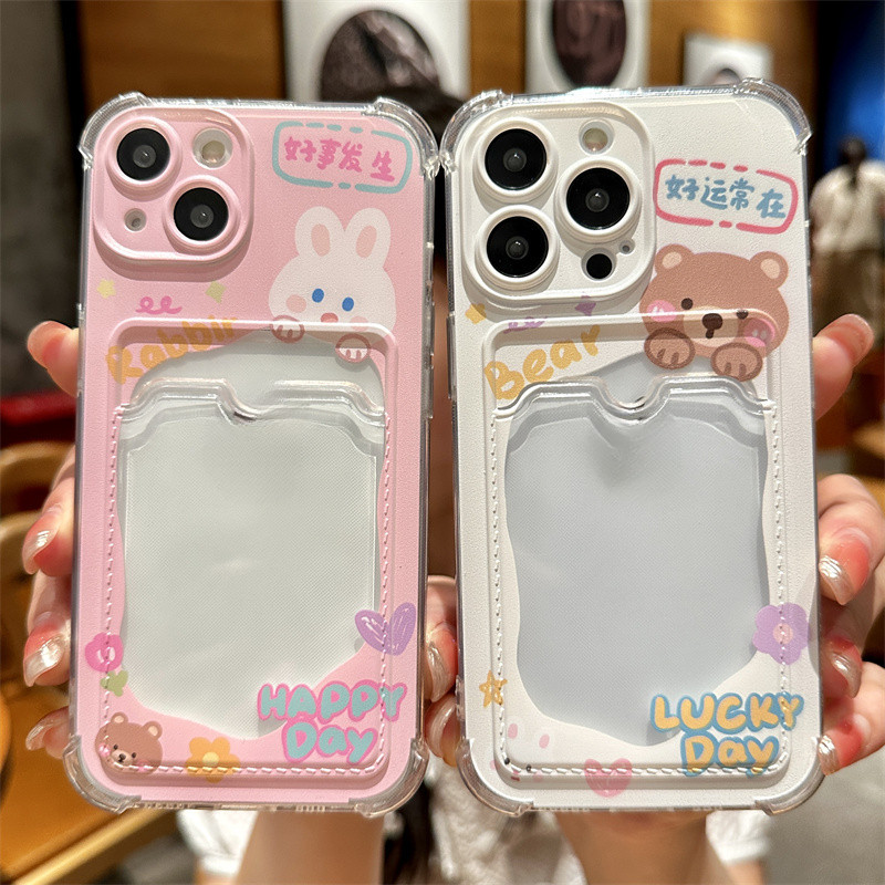 หมีน้อยน่ารักกระต่ายiphone 15 16 Pro Maxเคสโทรศัพท์11 12 13Mini 13Pro Max 14Plus XR XS Max 6 7 8 Plus SE2020การ์ดฝาครอบโทรศัพท์โซ่แขวนเชือกKB