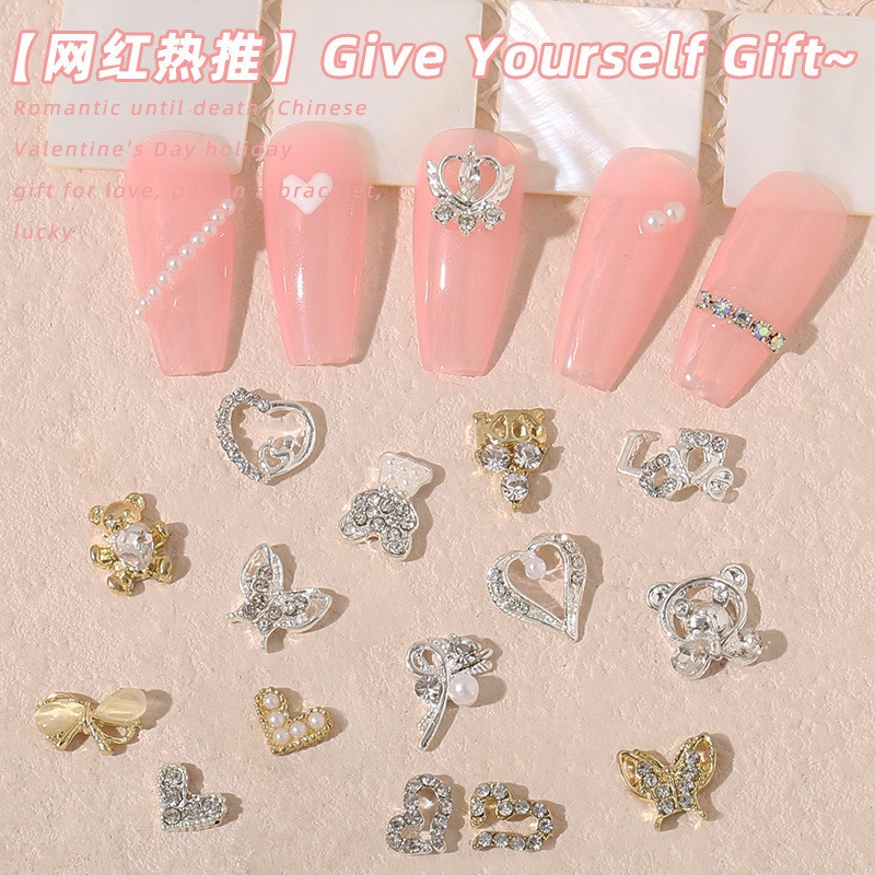 1 ชิ้น เครื่องประดับเล็บ โลหะผสม สุทธิ สีแดง มุก หมี DIY เจ็ดคืน โบว์ รักเล็บ เพชร เครื่องประดับ ขายส่ง